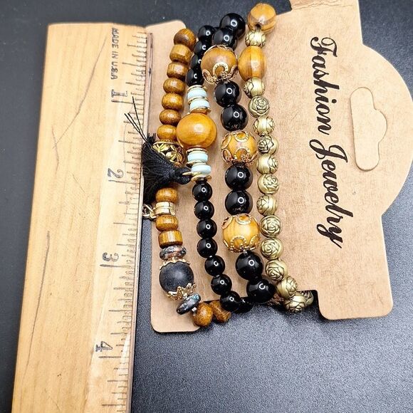 tree of life bracelet tassel BLACK and brown wooden beaded layered boho - Picture 3 of 4